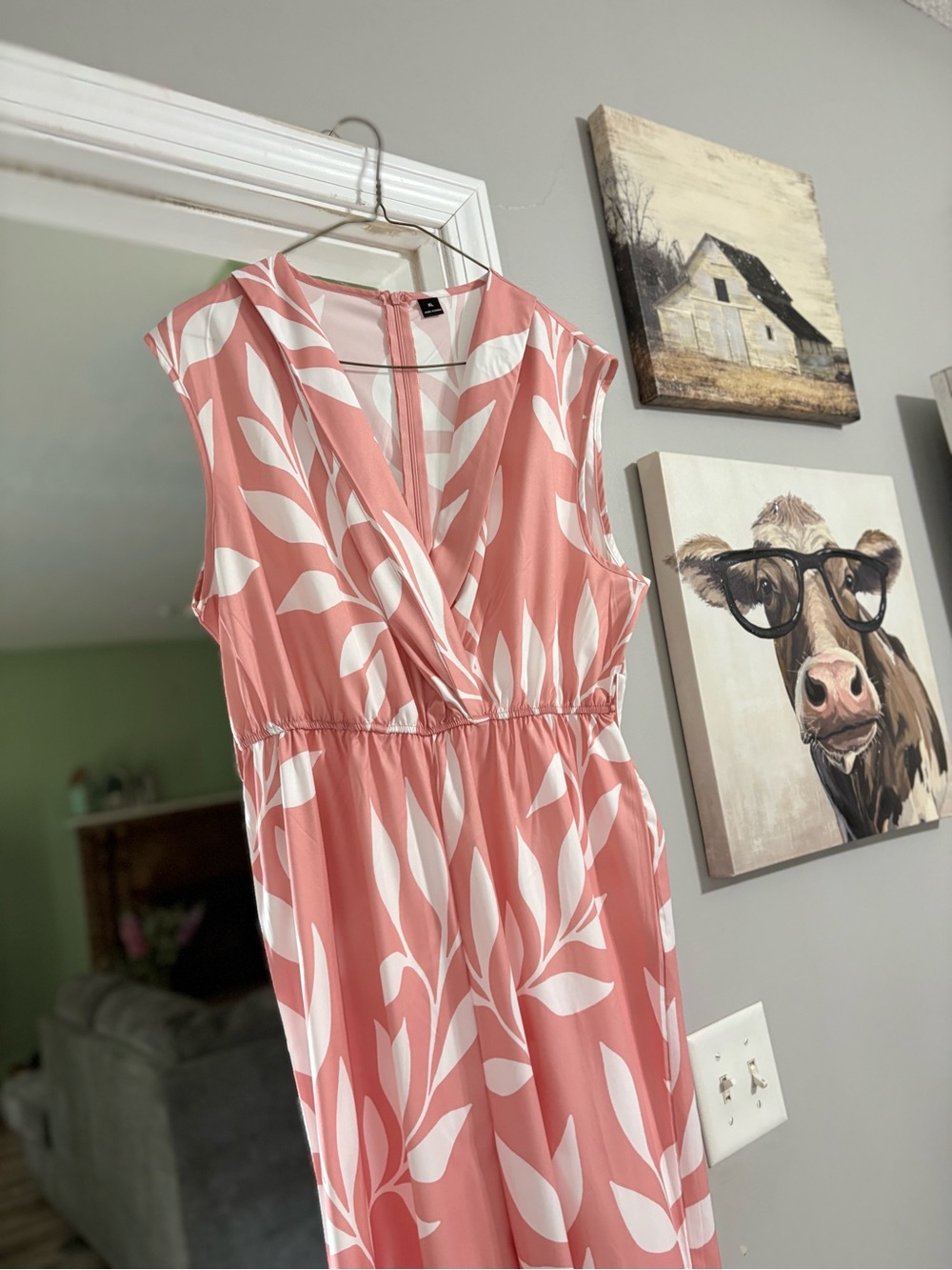SHEIN Coral Pink Leaf Print Jumpsuit